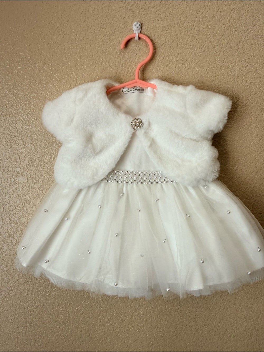White Faux Fur & Tulle Baby Dress with Rhinestone Detail